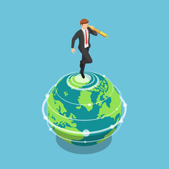 Isometric businessman standing on the world and looking through a telescope