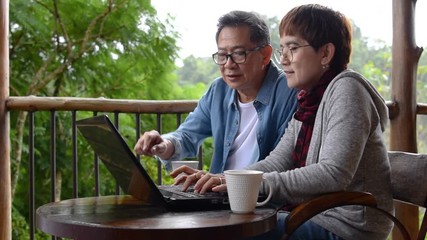 Happy senior couple using laptop computer at home with green garden background . - Powered by Adobe
