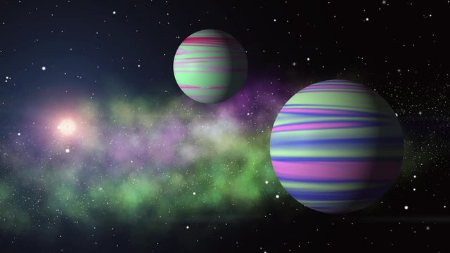 Two alien planets in a colorful solar system and a nebula in the background - endlessly loopiing animation