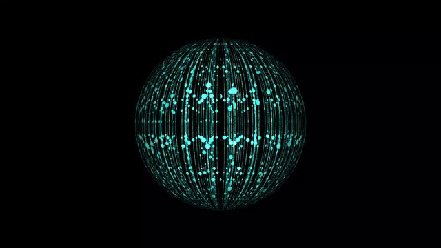 A single sphere of digital data with binary data streaming down the globe - black background