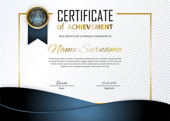 Official white certificate with blue wave design elements. Business modern design. Gold emblem