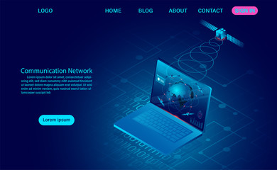 Communication network with satellite wireless with wireless devices and computer. vector illustration