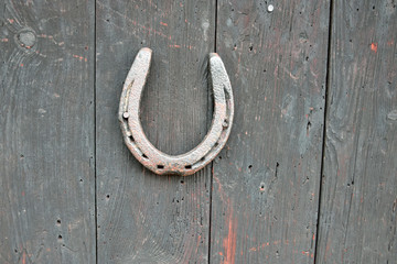 Old horseshoe on wooden door
