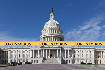 Fototapeta premium Inscription coronavirus on a yellow police tape against the backdrop of the Capitol Building in Washington DC, USA. US coronavirus concept in government