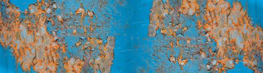 Blue rusty painted exfoliated metal texture background panoramabanner