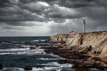 panoramic view of lighthouse on a rainy day at the California coast