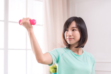 Beautiful Asian girl, Fit sportswoman exercising and training at home