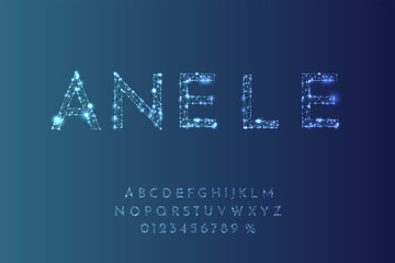 Vector illustration. Random dots size. Contemporary letters. Digital font. Futuristic techno style. Low poly concept. Numbers for advertisement, sale banner design. Thin lines. Network design