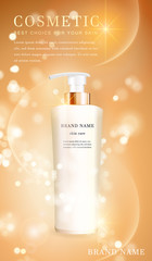 3D transparent cosmetic bottle container with shiny golden glimmering background template banner.