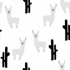 Cute lama with cacti seamless pattern on white background.   baby animal illustration for kids. Child drawing style lama. Design for fabric, wallpaper, textile and décor. Black white illustration