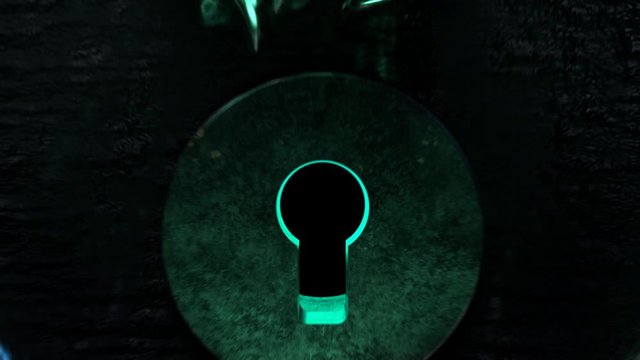 The camera flies through the hole in the door of an old and gloomy mansion. Alpha Channel