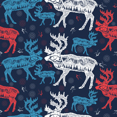 Reindeer double exposure. Seamless pattern. Packing old paper, scrapbooking style. Vintage background. Medieval manuscript, engraving art. Symbol tourism, travel, far north. Mountains, polar light