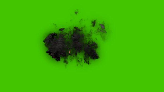 The strongest explosion in the air above the surface, the fire swirls along with black smoke. VFX animation in front of green screen.