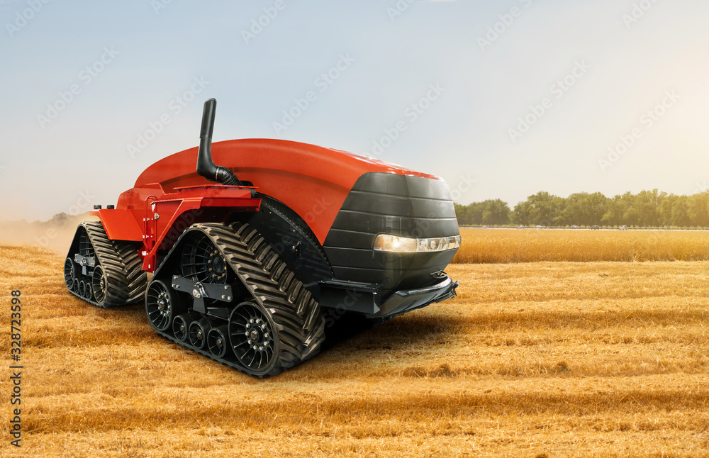 Poster Autonomous tractor working on the field. Smart farming	