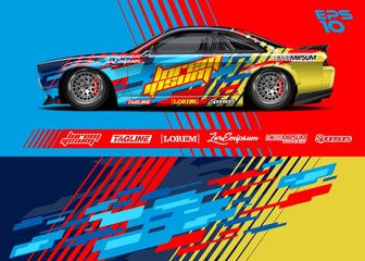 Race car graphic livery design. Abstract sport racing background for wrap race car, rally, drift car, cargo van, pickup truck and adventure vehicle. Full vector Eps 10.