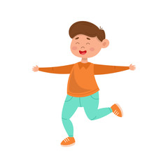 Happy cute boy. A cheerful child joyfully jumps, dances funny. Colorful simple flat cartoon style. Isolated vector illustration.