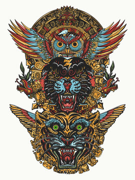 Ancient totem. Panther, tiger, owl and mayan sun. Mexican mesoamerican monolith. Mayan and Aztec style. Wild animals art. Tattoo and t-shirt design