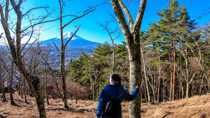 Girl standing in a  forest on the hilltop above Chureito Pagoda, Japan with Mt Fuji in the back. Girl is having a lot of fun, enjoying beautiful landscape. Holly mountain in Japan. Clear and sunny day