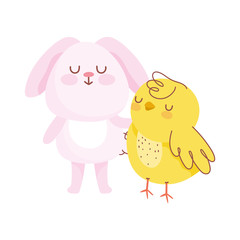 happy easter pink rabbit with chicken cartoon