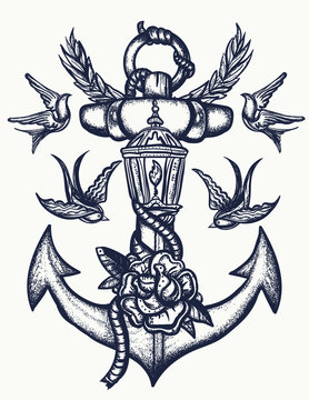 Anchor, roses flowers and swallows birds, old school tattoo style. Sea adventure art