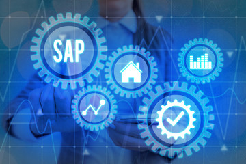 Handwriting text writing SAP. Conceptual photo SAP Business process automation software. ERP enterprise resources planning system concept on virtual screen. AI. Artificial intelligence.