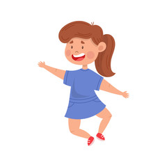 Happy baby girl. A cheerful child joyfully jumps, dances funny. Colorful simple flat cartoon style. Isolated vector illustration.