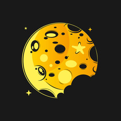 Moon In Flat Dasign Style. Night Space Astronomy And Nature Moon Icon. Vector On Dark Background. Cartoon Planet Moon Icon.