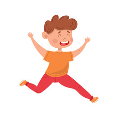 Happy cute boy. A cheerful child joyfully jumps, dances funny. Colorful simple flat cartoon style. Isolated vector illustration.