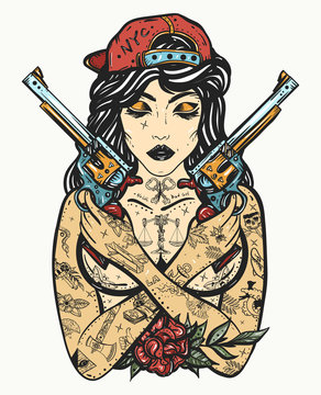 Bad girl. Chicano art. Hip-hop and rap lifestyle. Cool gangster tattooed woman in baseball cap. Criminal street culture. Favela style. Swag