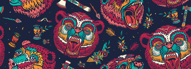 Bear head, seamless pattern. Tourism symbol, adventure, great outdoor. Grizzly background. Old school tattoo art