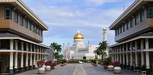 Bandar Seri Begawan, Brunei - March 06 2020: View from shopping mall to Sultan-Omar-Ali-Saifuddin-Mosque
