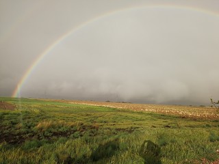 Obraz premium arcoiris en cielo nuboso sobre campo