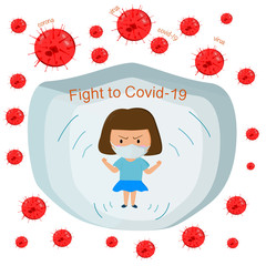 Illustration vector Girl wear surgical mask for protect covid-19 virus ,virus and air pollution . kid on blue background with mask .