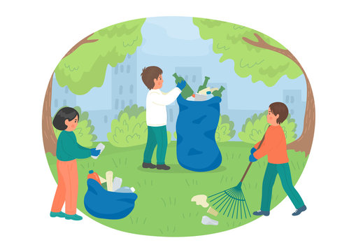 Group of children cleaning up spring city park. Vector illustration.