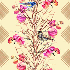 Fototapeta na wymiar Watercolor branches, orchids and birds. Seamless pattern. Design for wallpaper, background, textile, fabric, covers.