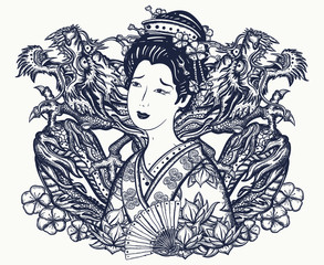Dragons and asian woman, fan, lantern. Ancient China and Japan. History and culture of Asia. Oriental art. Traditional yakuza tattoo and t-shirt design