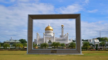 Bandar Seri Begawan, Brunei - March 06 2020: Sultan-Omar-Ali-Saifuddin-Mosque through a frame 