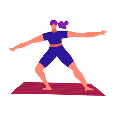 Fototapeta na wymiar Young woman doing yoga pose on a rug. Fitness sport concept. Cartoon simple flat style. Vector illustration isolated.