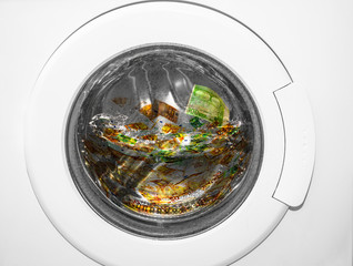 waschmaschine mit euroscheinen symbol für geldwäsche