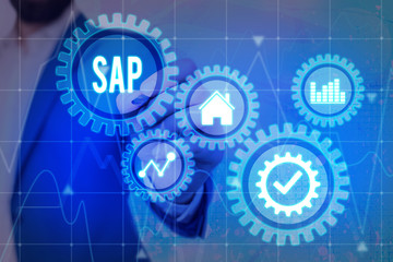 Handwriting text SAP. Conceptual photo SAP Business process automation software. ERP enterprise resources planning system concept on virtual screen. AI. Artificial intelligence.