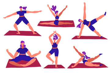 Set of a young woman doing yoga in various poses. Fitness sport concept. Cartoon simple flat style. Vector illustration isolated.