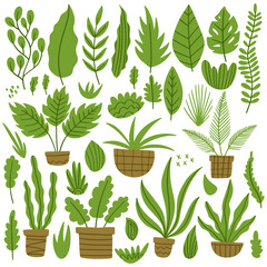 Image of Set of simple cute homemade botanical plants potted flowers and trendy leaves. Cartoon simple flat style. Vector illustration isolated. printed on Printed Glass Basin Splashbacks