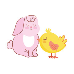 happy easter pink rabbit sitting with chicken cartoon