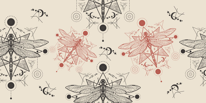 Esoteric dragonfly seamless pattern. Packing old paper, scrapbooking style. Vintage background. Medieval manuscript, engraving art. Alchemy, religion, occultism, spirituality concept