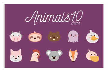 10 Cute animals cartoons flat style icon set vector design