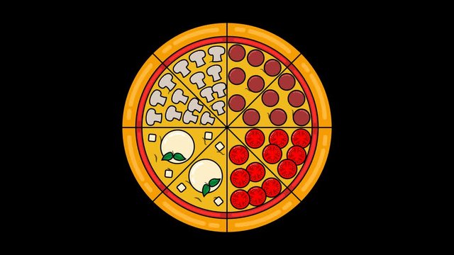 Pizza animation. Slices of pizza fly apart. Slices with pepperoni, tomato, mushroom, mozzarella topings. Design for italian pizzeria, restaraunt, cafe, advertising.