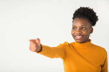 beautiful young african woman on white background with hand gesture