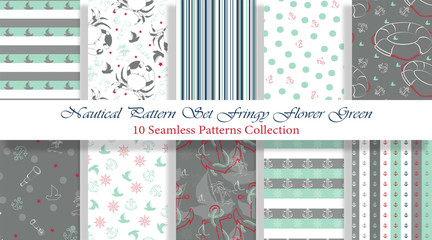 Nautical Pattern Set inspired by adventures on the seas. Fringy Flower Green color palette. Anchor, ship wheel, telescope, crab... It fits any surface you like, T-Shirt, Wall Coverings, Bed Linen, 