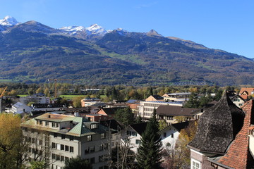 Fototapeta na wymiar Aerial view of Vaduz, the capital city of Liechtenstein in Europe, taken from Vaduz Castle trail.