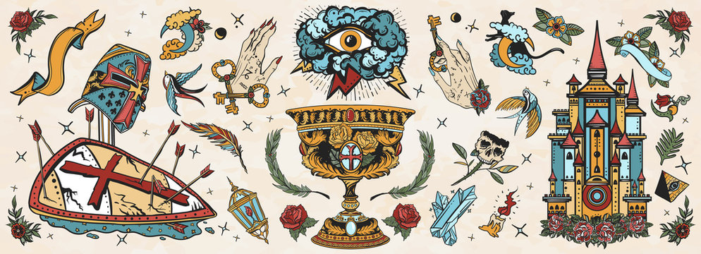 Medieval old school tattoo collection. Warrior crusader, sacred holy grail, ancient castle, occult hands, all seeing eye, sword and arrows. Middle age art. Traditional tattooing style